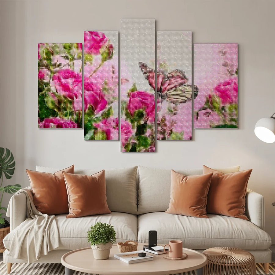 Diamond Painting Vlinder met roze bloemen 5 luik - SEOS Shop ®