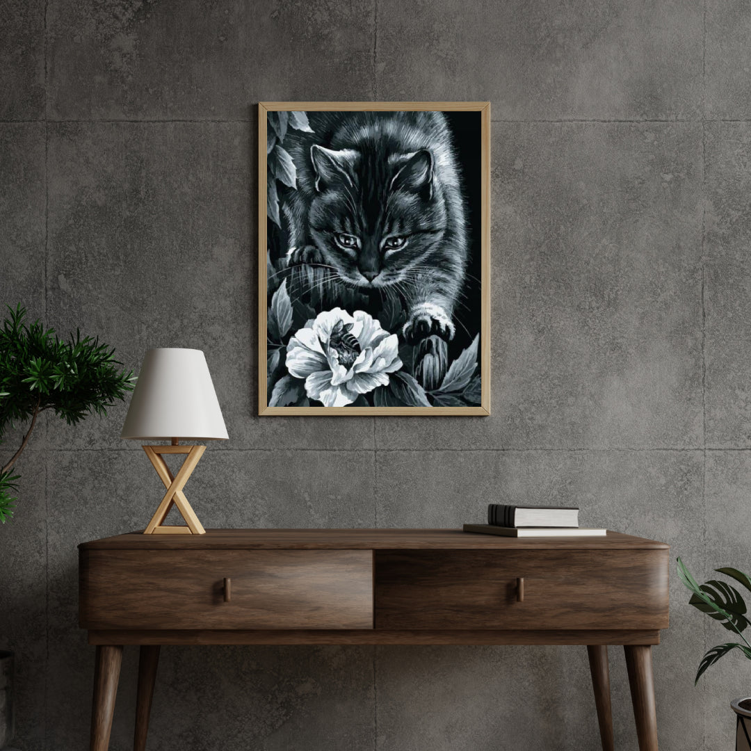 Diamond Painting Zwarte kat met bloem en bij - SEOS Shop ®