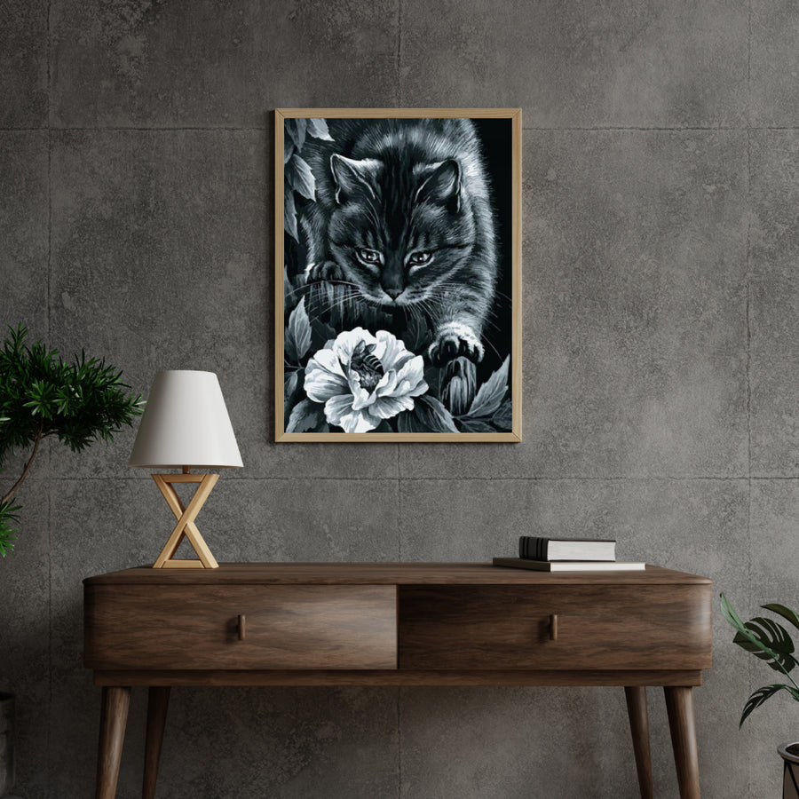 Diamond Painting Zwarte kat met bloem en bij - SEOS Shop ®