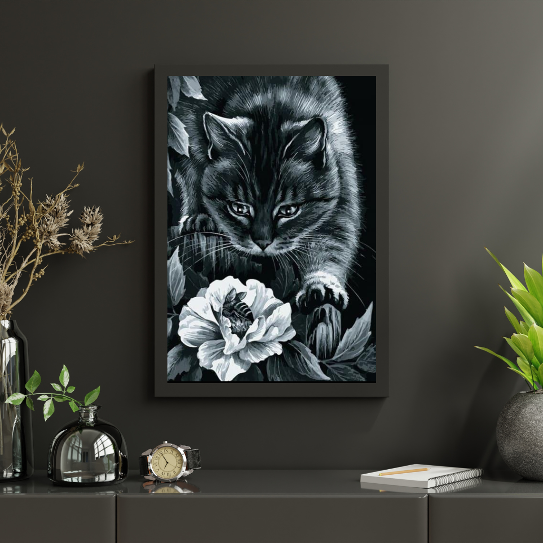 Diamond Painting Zwarte kat met bloem en bij - SEOS Shop ®