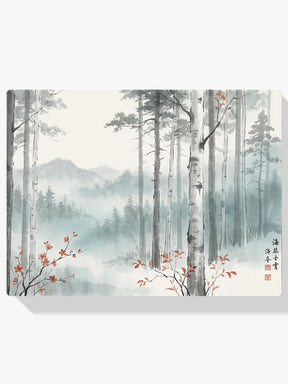 Diamond Painting - Berkenbos in mist met rode accenten