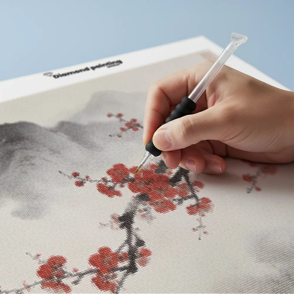 Diamond Painting - Kersenbloesem voor mistige bergtoppen Japandi panorama