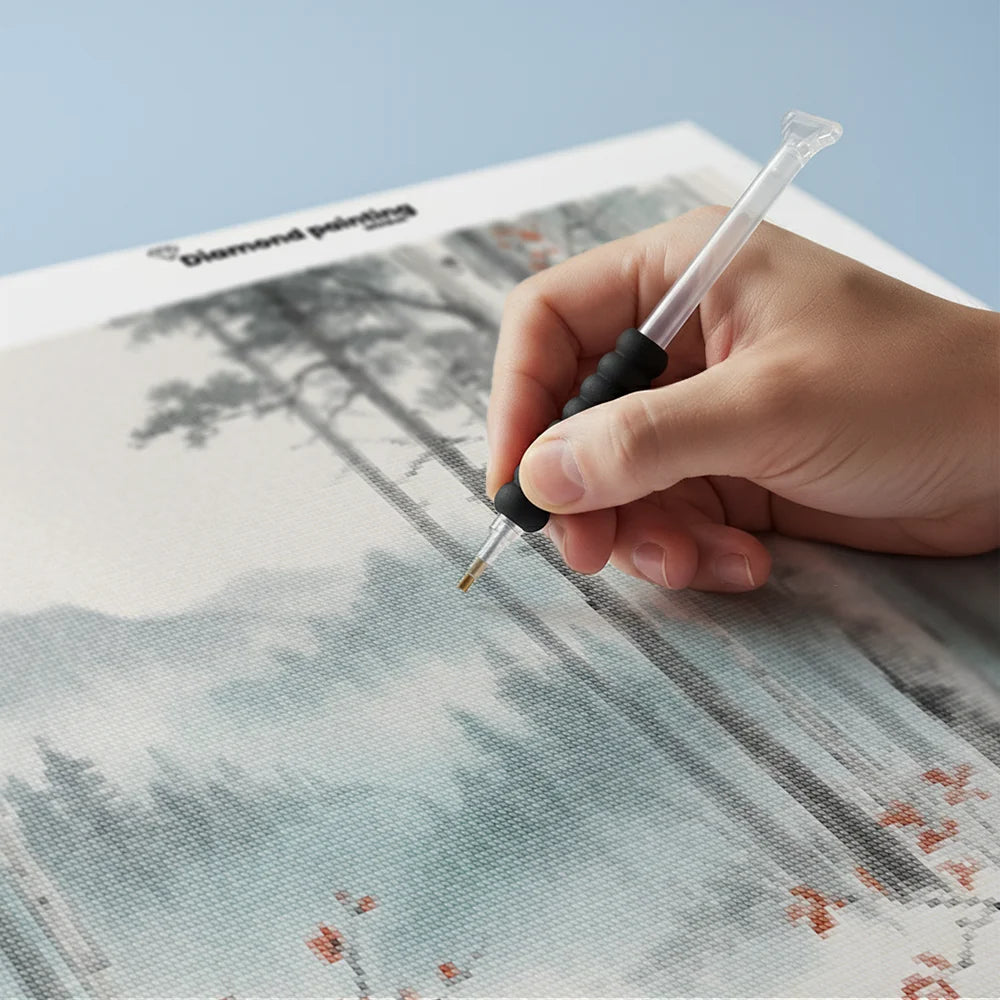 Diamond Painting - Berkenbos in mist met rode accenten