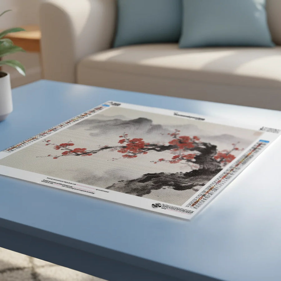 Diamond Painting - Kersenbloesem voor mistige bergtoppen Japandi panorama