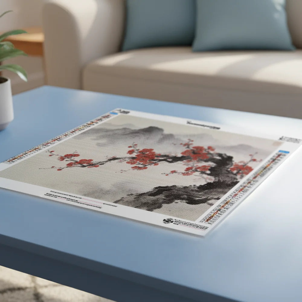 Diamond Painting - Kersenbloesem voor mistige bergtoppen Japandi panorama
