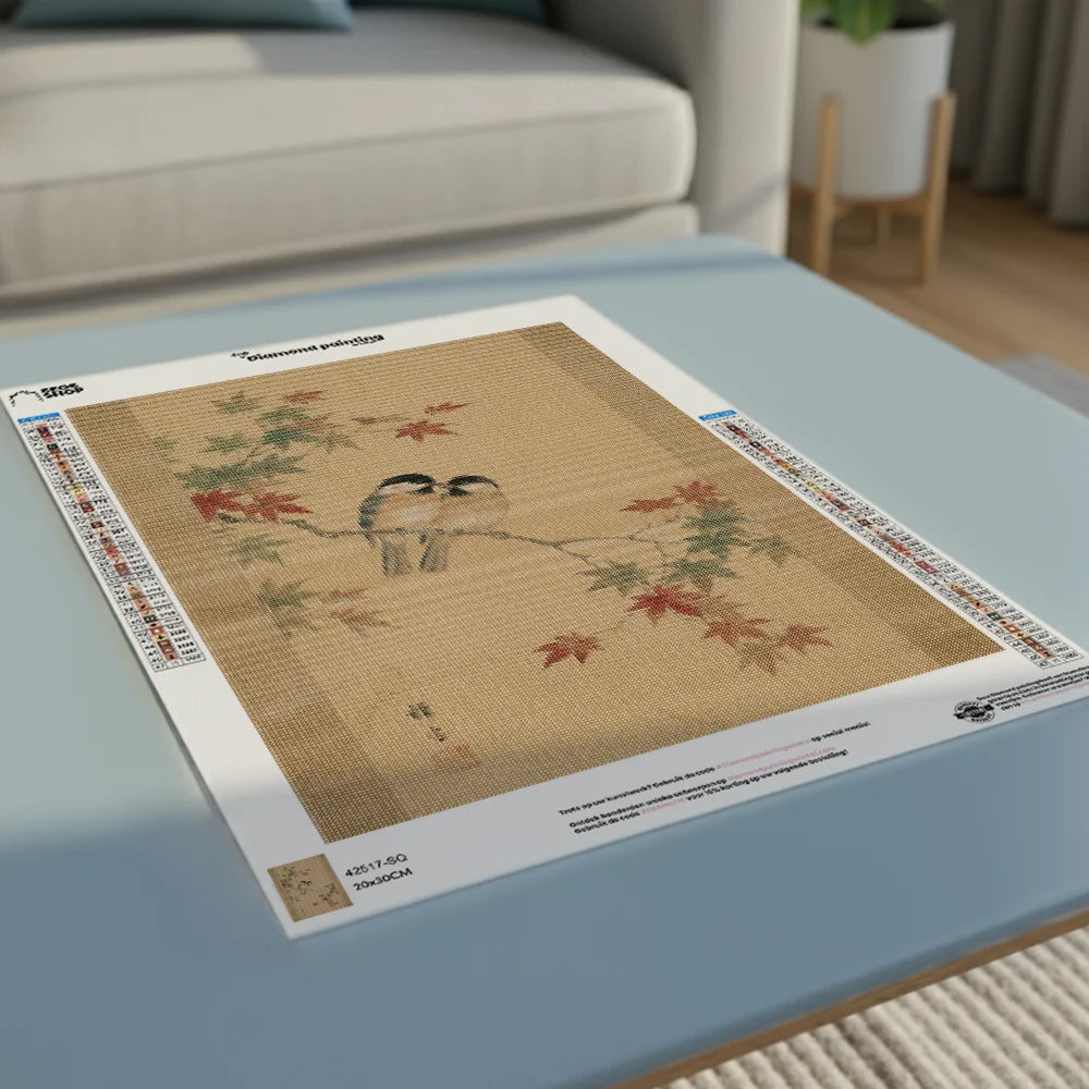 Diamond Painting - Twee vogeltjes tussen esdoornbladeren (herfst)