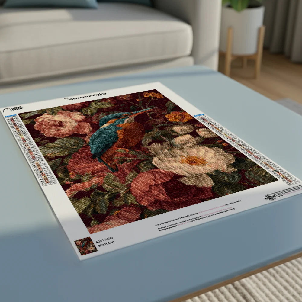 Diamond Painting - IJsvogel tussen Weelderige Bloemen