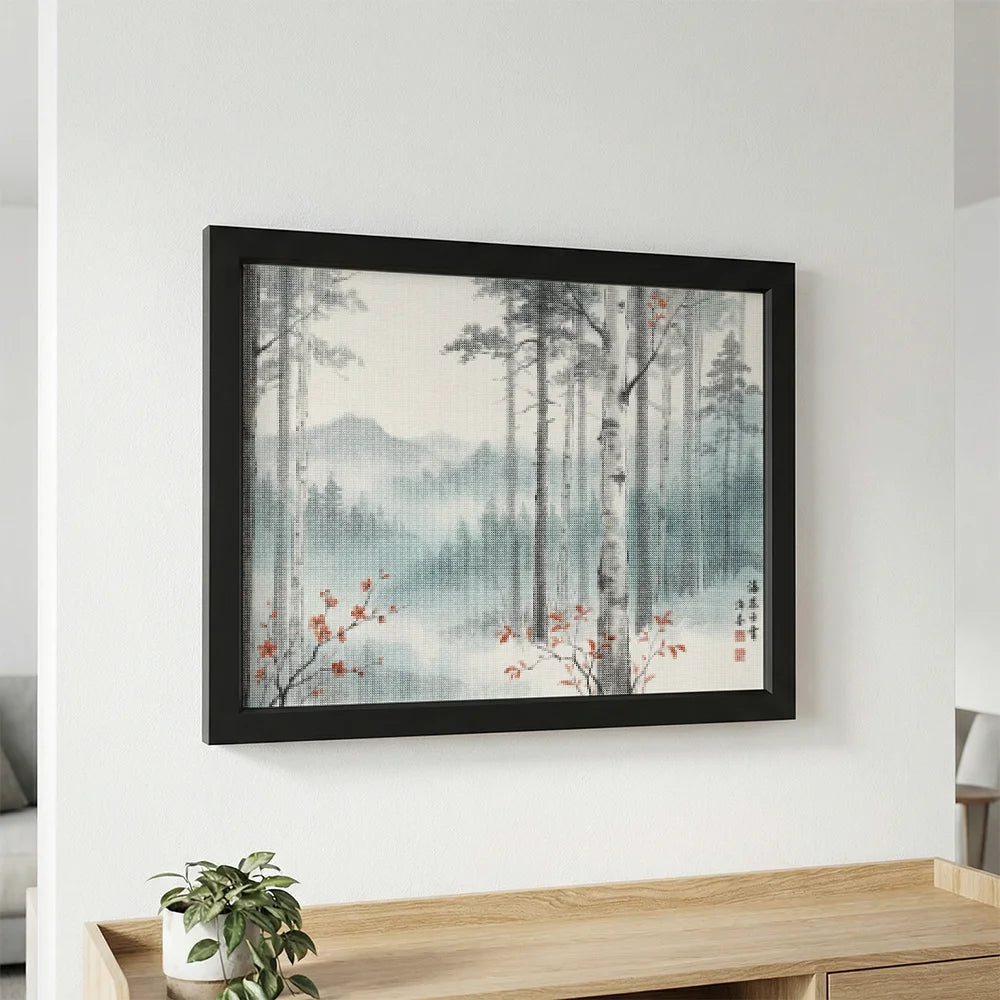 Diamond Painting - Berkenbos in mist met rode accenten