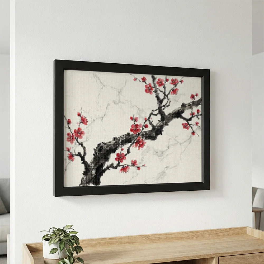 Diamond Painting - Inkttak met rode bloesem