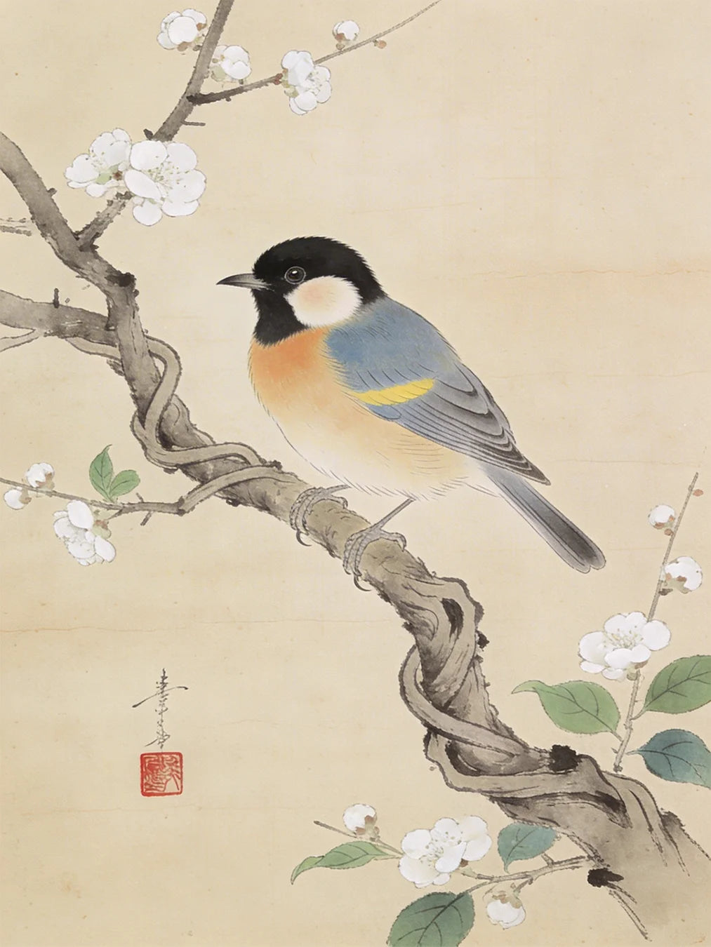 Diamond Painting - Koolmezen op bloesemtak van Ohara Koson