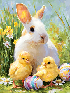 Diamond Painting - Wit Konijntje met Kuikens