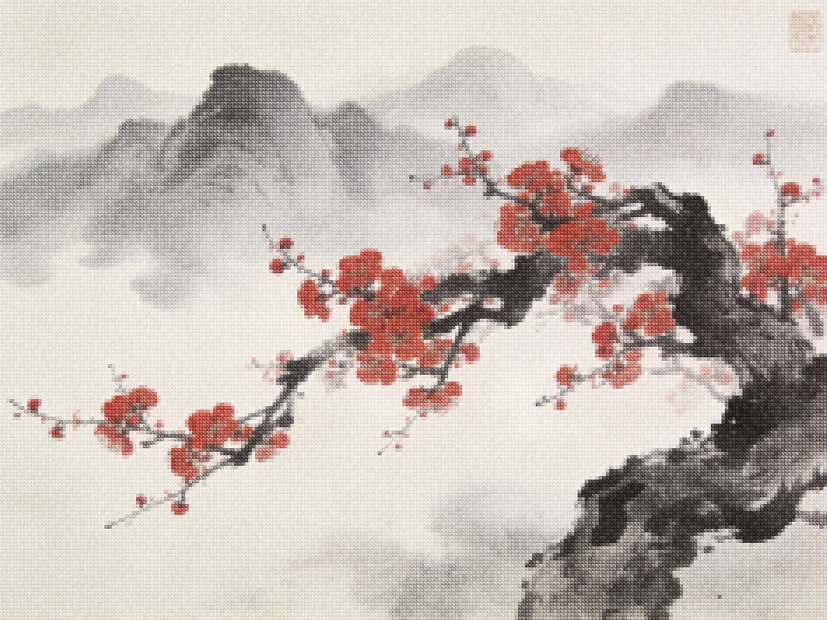 Diamond Painting - Kersenbloesem voor mistige bergtoppen Japandi panorama