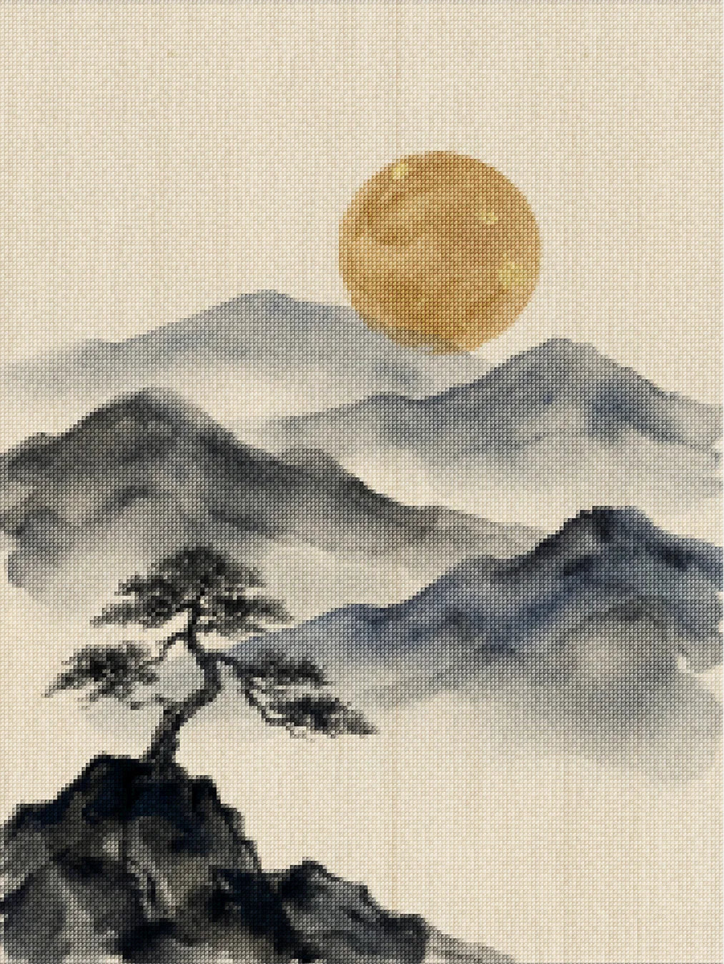 Diamond Painting - Bergen in inkt met gouden maan_zon