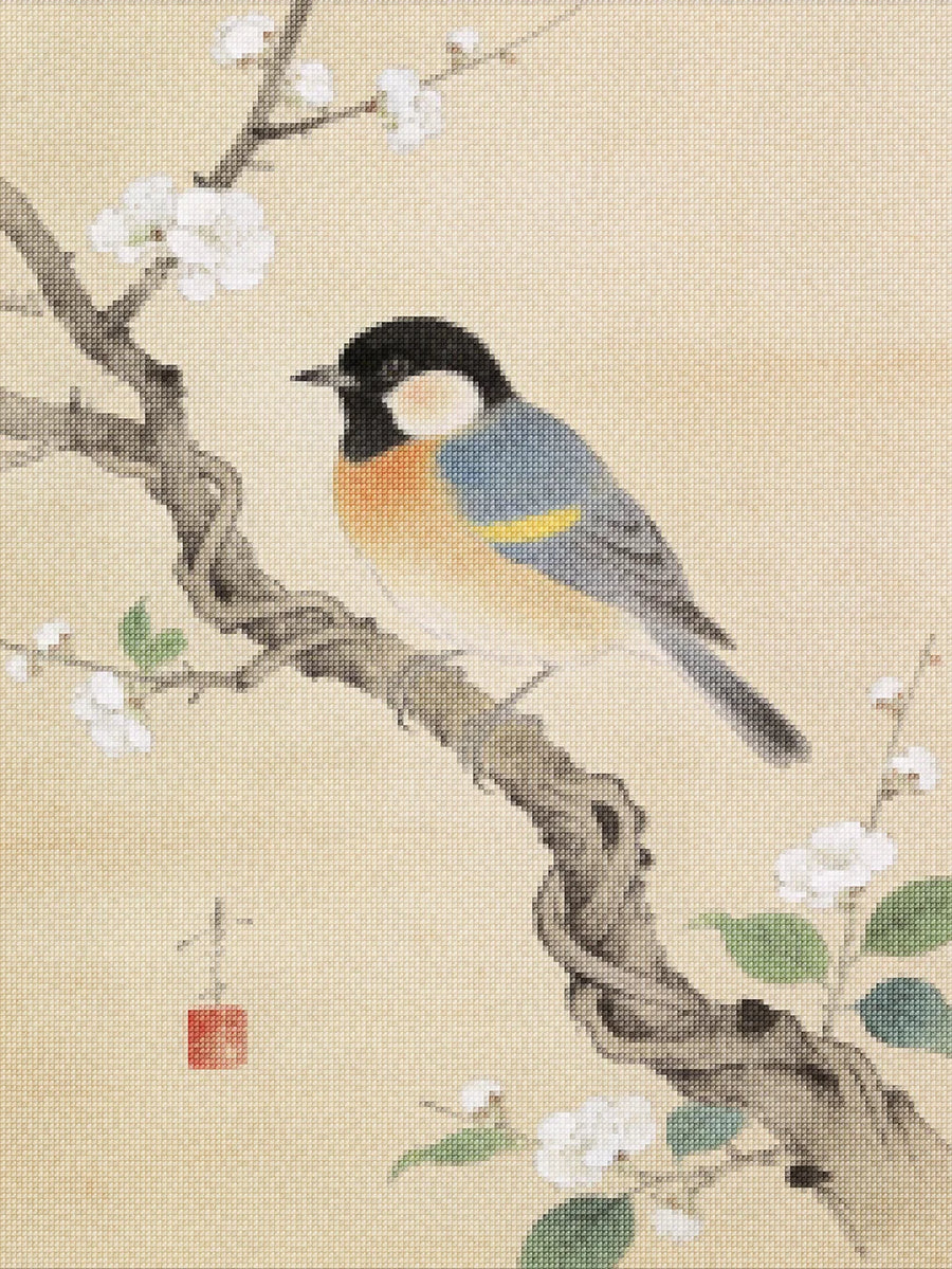 Diamond Painting - Koolmezen op bloesemtak van Ohara Koson