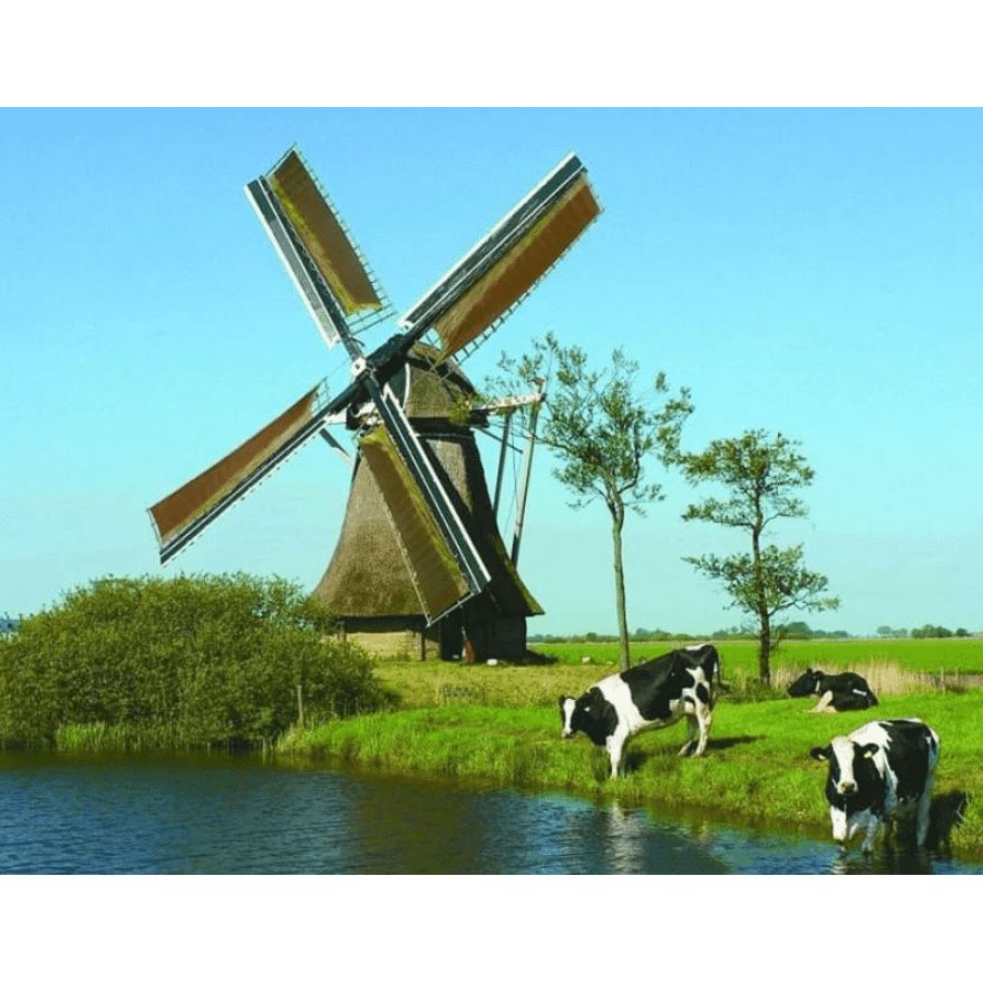 Diamond Painting Windmolen En Koeien Aan Het Water – volledig ontwerp