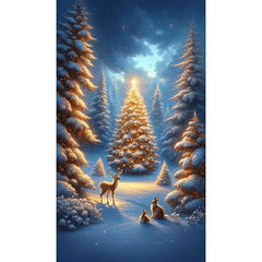 diamond painting - boom met lichtjes in het bos – afbeelding 1