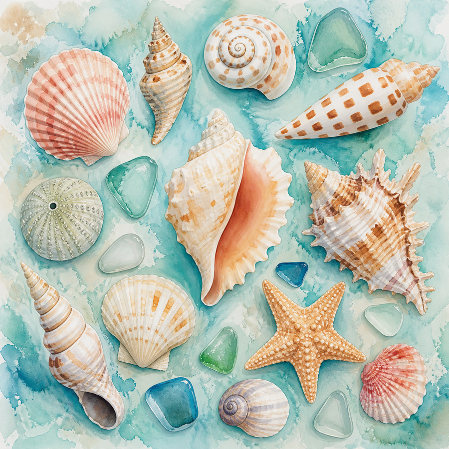 Diamond painting ontwerp met aquarel schelpenverzameling