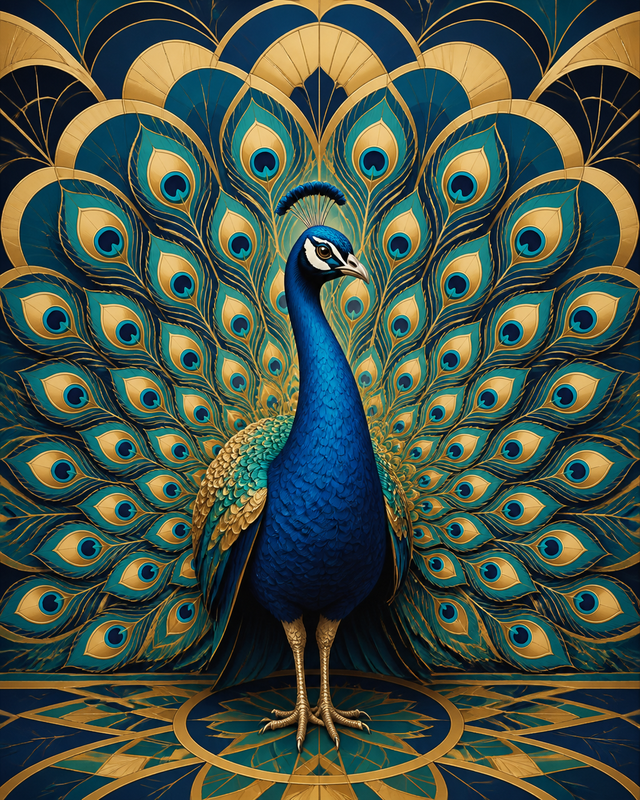 Diamond Painting Art Deco Pauw in Blauw en Goud – een art-decopauw in blauw en goudkleurige vormen