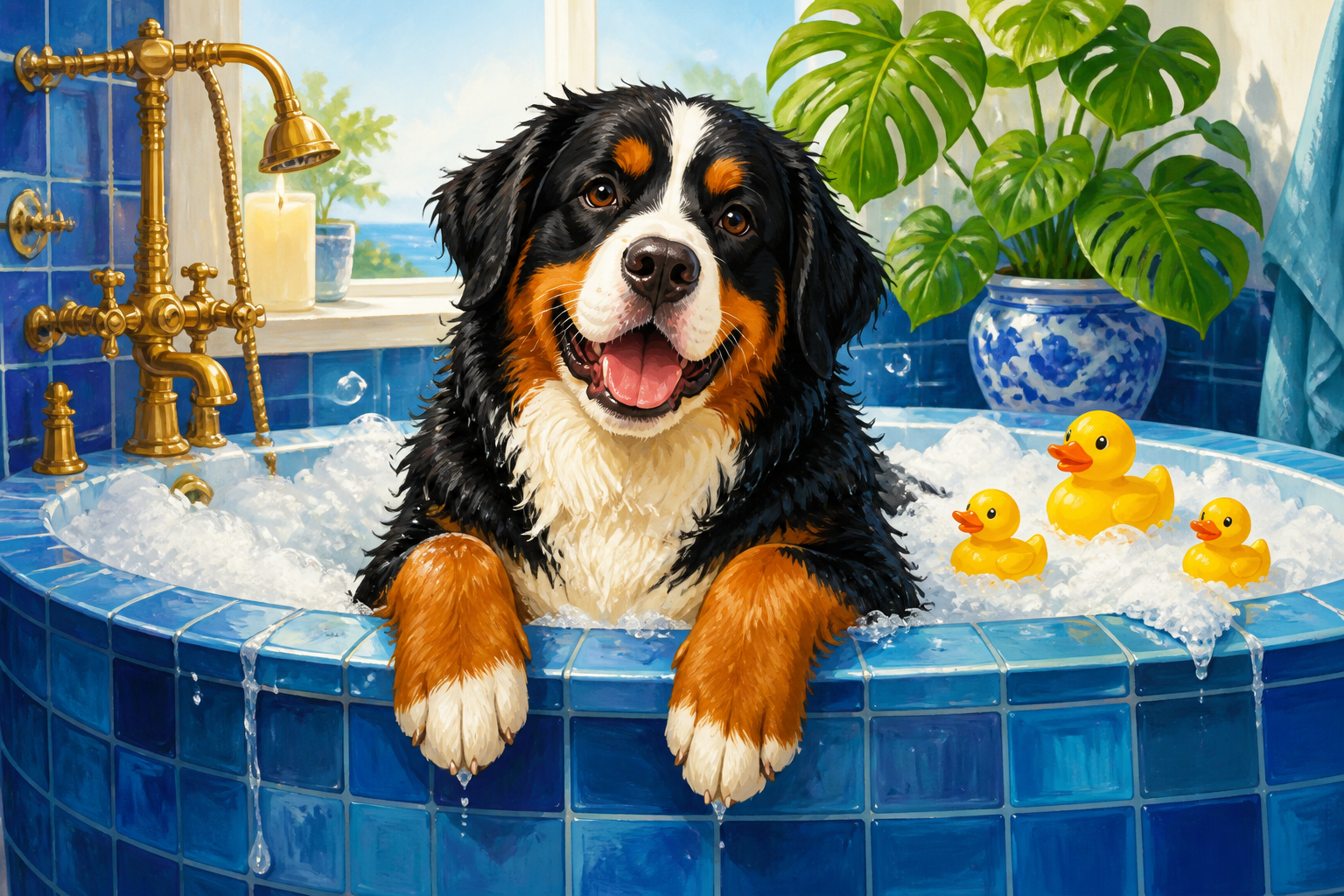 Diamond painting ontwerp met berner sennenhond in bad