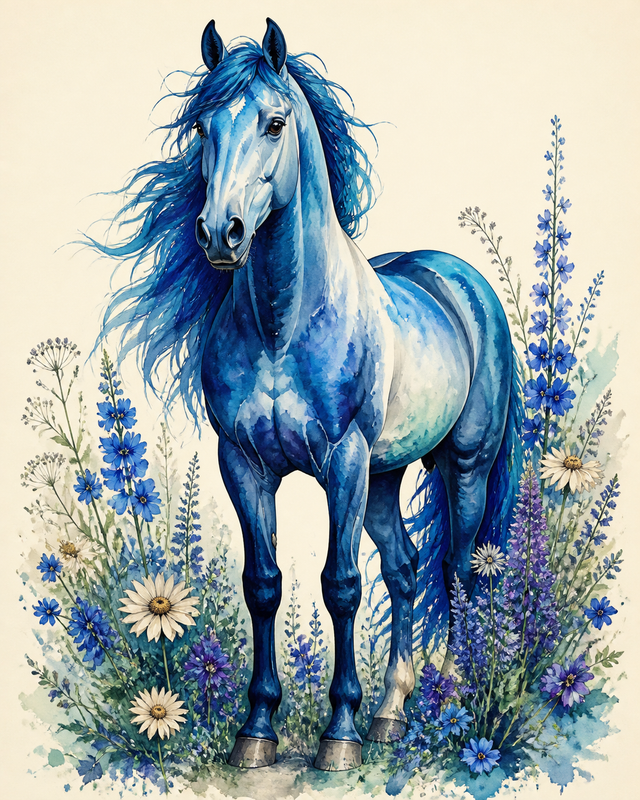 Diamond Painting Blauw Aquarelpaard met Veldbloemen – een blauw aquarelpaard omringd door veldbloemen