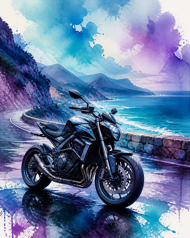 Diamond Painting Blauwe Motor in Aquarel – een dynamische merkloze motor met vloeiende aquarelspatten en een heldere leesbare vorm