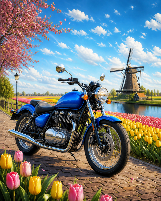 Diamond Painting Blauwe Motor tussen de Tulpen – een glanzende blauwe merkloze motor langs kleurrijke tulpenvelden met een verre molen