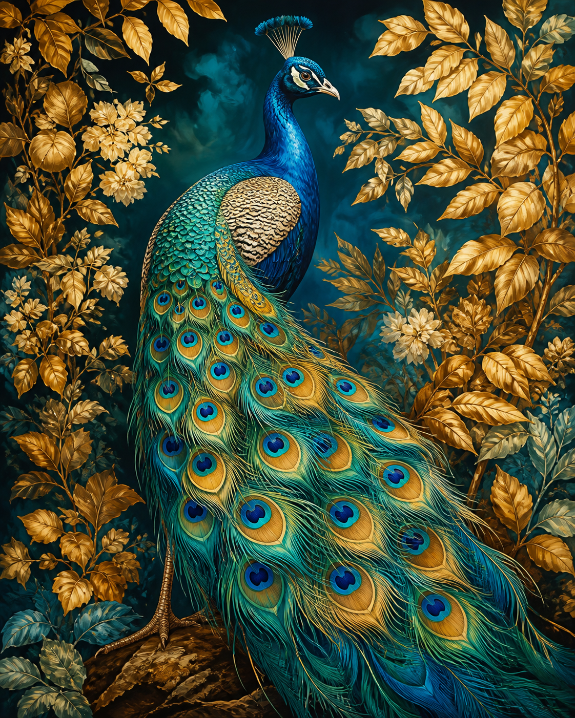 Diamond Painting Blauwe Pauw tussen Gouden Bladeren – een blauwe pauw tussen warme goudkleurige bladeren