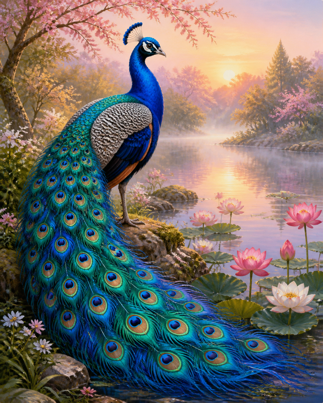 Diamond Painting Blauwe Pauw met Lotusbloemen – een blauwe pauw bij roze en witte lotusbloemen