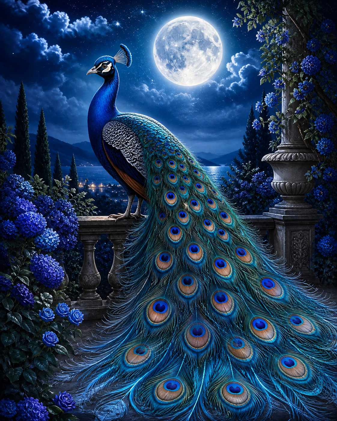 Diamond Painting Blauwe Pauw onder de Maan – een blauwe pauw onder een heldere volle maan