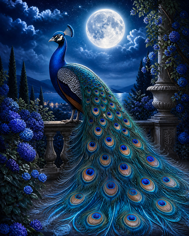 Diamond Painting Blauwe Pauw onder de Maan – een blauwe pauw onder een heldere volle maan