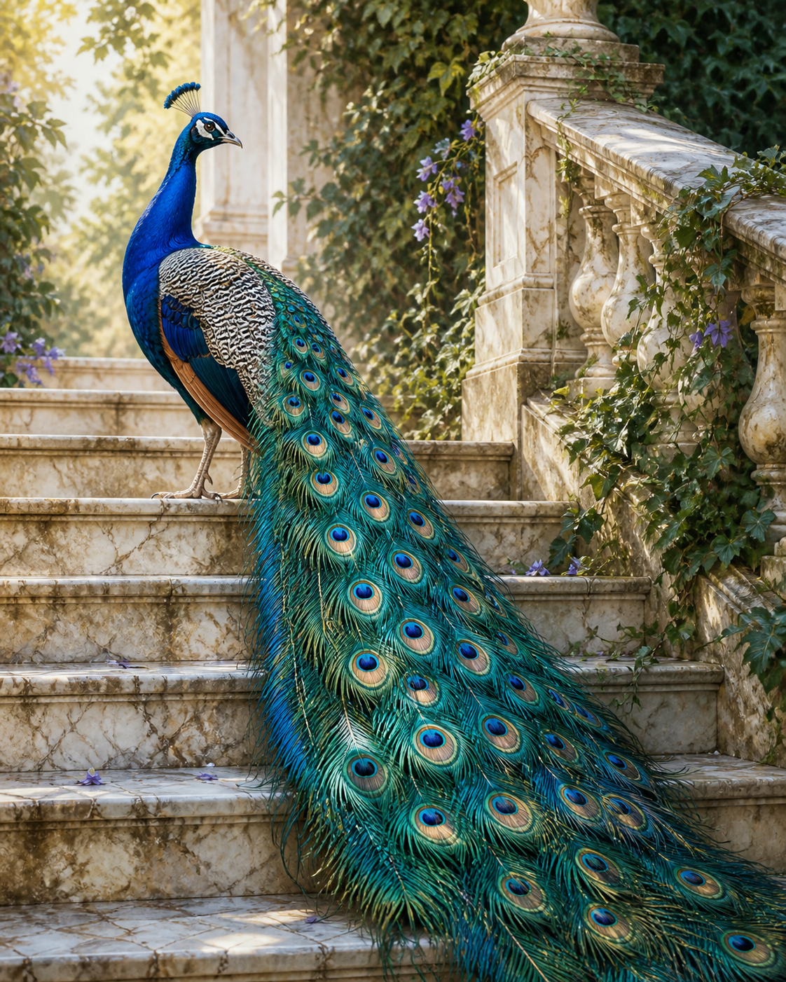 Diamond Painting Blauwe Pauw op Marmeren Trap – een blauwe pauw op een lichte marmeren tuintrap