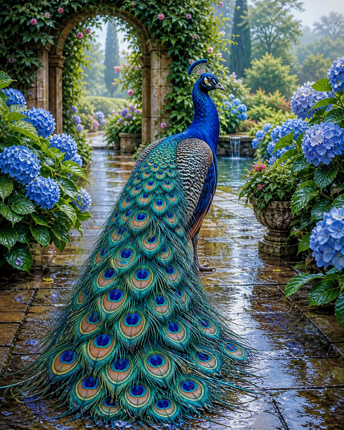 Diamond Painting Blauwe Pauw in de Regentuin – een blauwe pauw in een frisse tuin na de regen