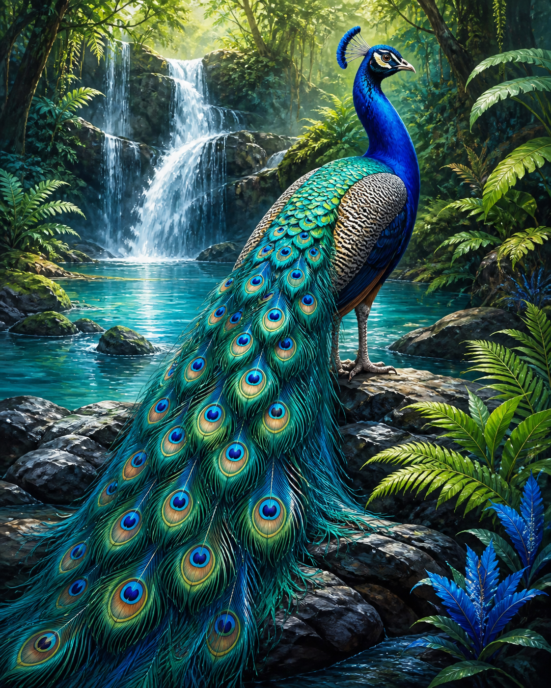 Diamond Painting Blauwe Pauw bij de Waterval – een blauwe pauw naast een kleine waterval