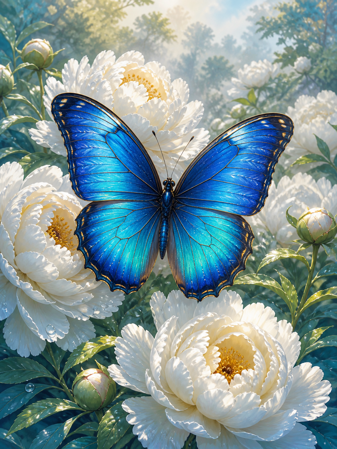 Diamond painting ontwerp met blauwe vlinder tussen witte bloemen