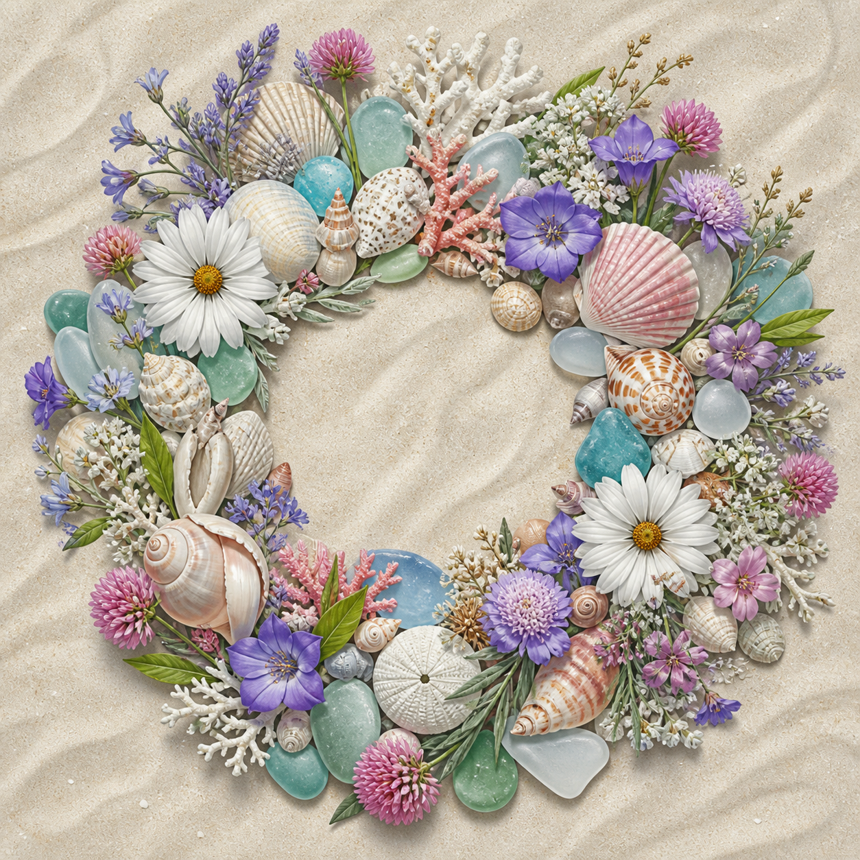 Diamond painting ontwerp met bloemenkrans met schelpen