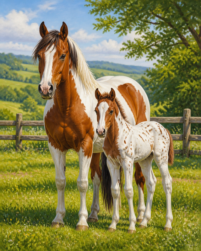 Diamond Painting Bonte Merrie met Veulen – een bonte merrie met een gevlekt veulen in de wei