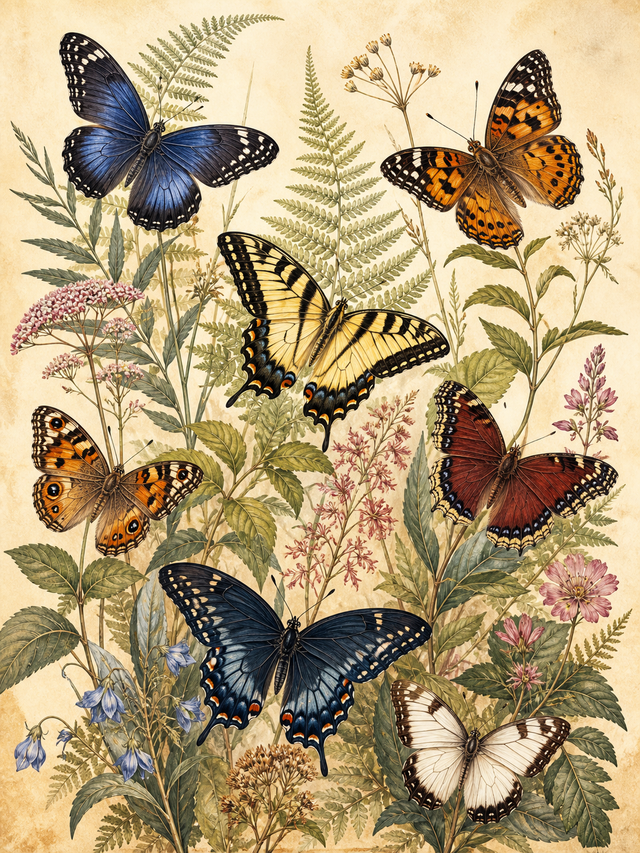 Diamond painting ontwerp met botanische vlinderstudie