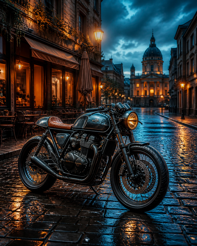 Diamond Painting Caféracer in de Regenstad – een merkloze caféracer op natte klinkers in een sfeervolle oude stad na een regenbui