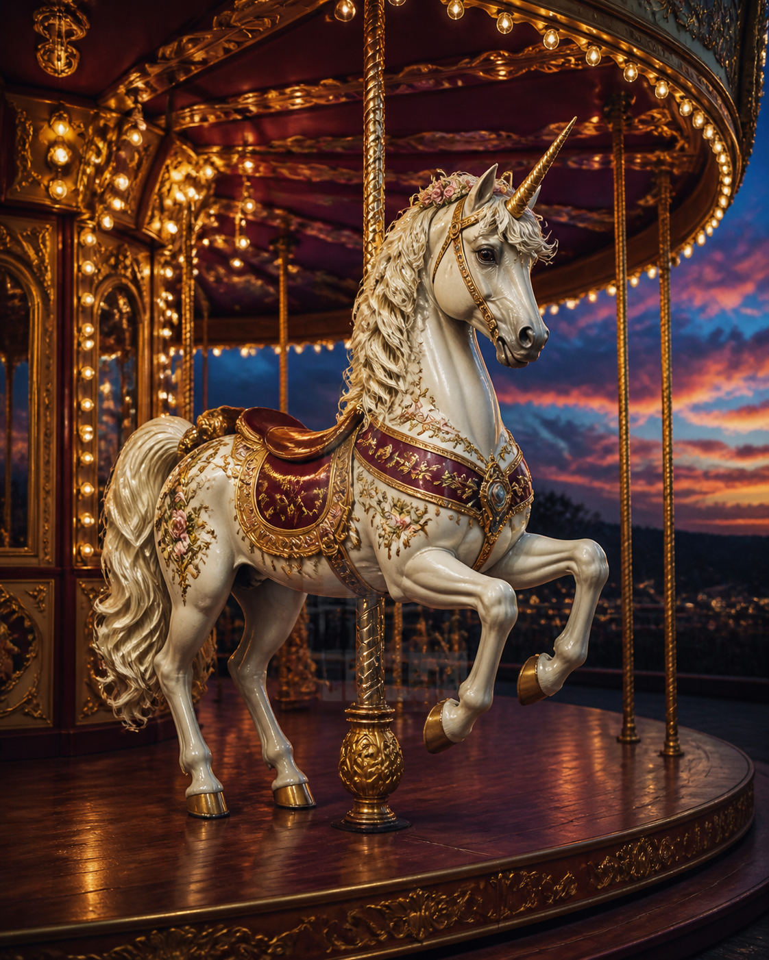 Diamond painting ontwerp met carrouseleenhoorn bij avondlicht