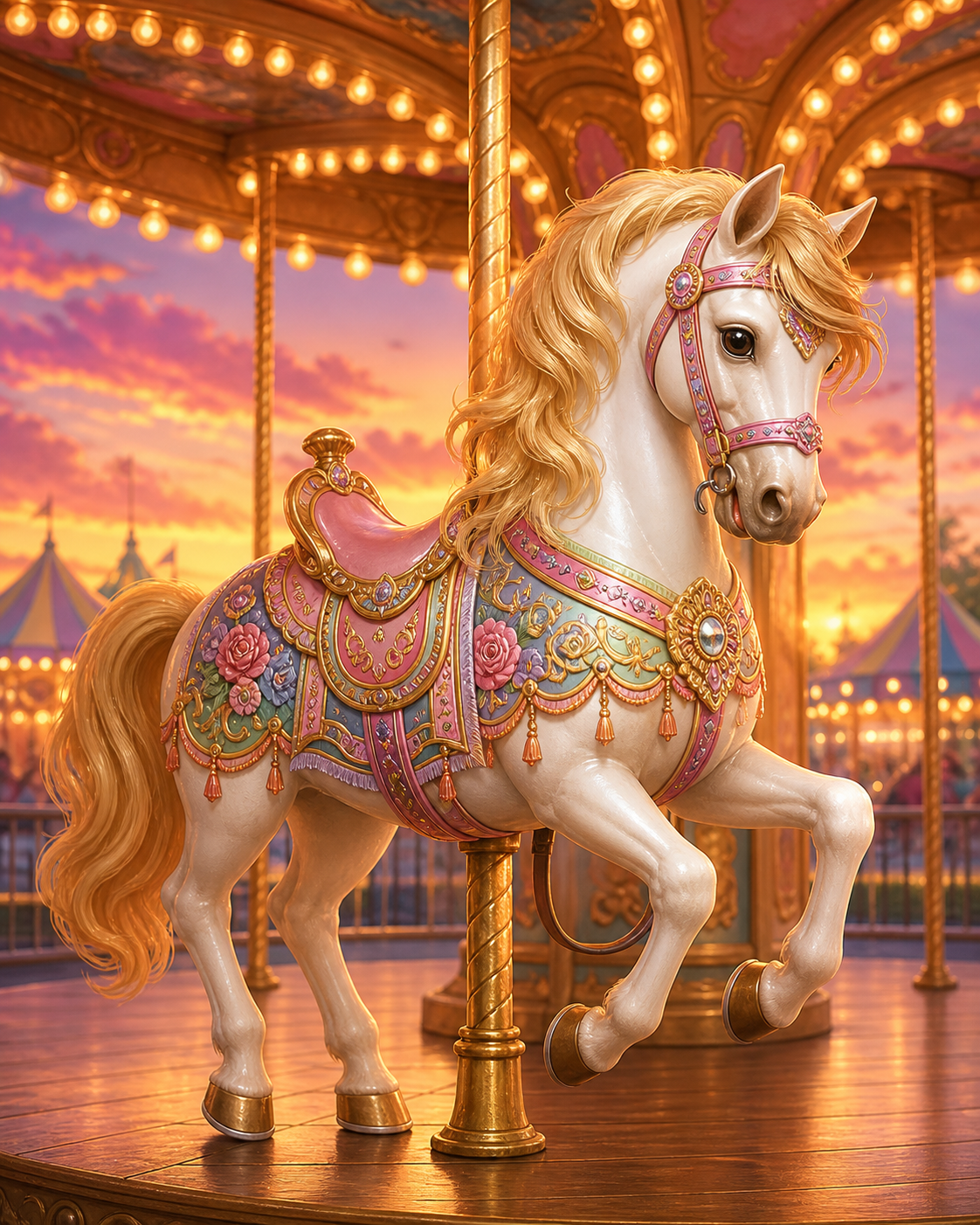 Diamond Painting Carrouselpaard bij Avondlicht – een sierlijk carrouselpaard onder warme lichtjes