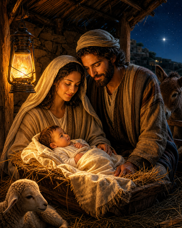 Diamond Painting De Geboorte van Jezus in de Stal – Maria en Jozef bij kind Jezus in een eenvoudige stal onder warm lantaarnlicht, respectvol en zonder moderne elementen