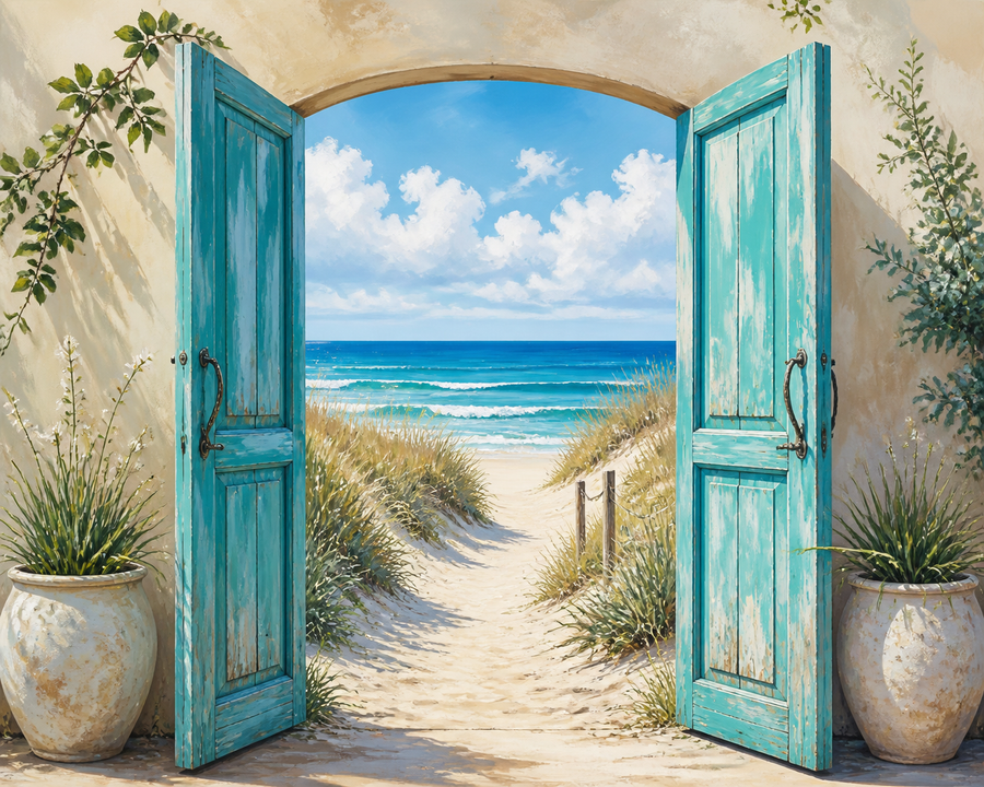 Diamond painting ontwerp met deuren naar het strand