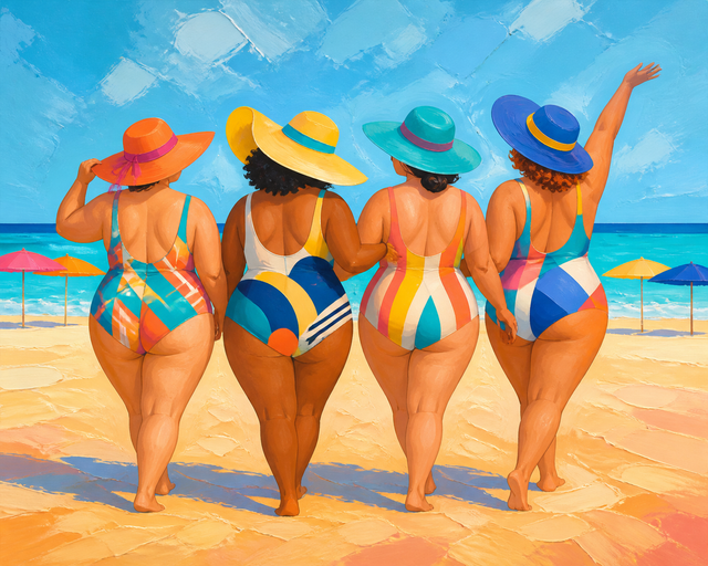 Diamond painting ontwerp met dikke dames op het strand