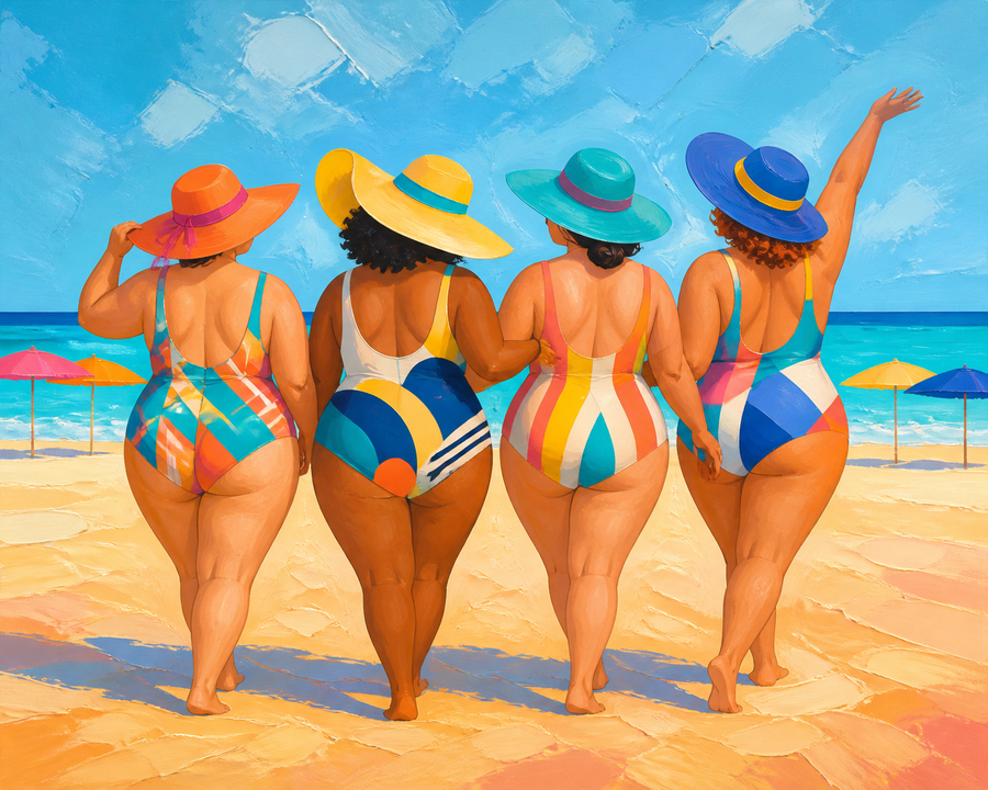 Diamond painting ontwerp met dikke dames op het strand