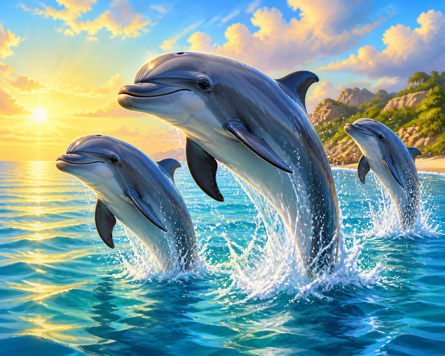 Diamond painting ontwerp met dolfijnen voor de kust