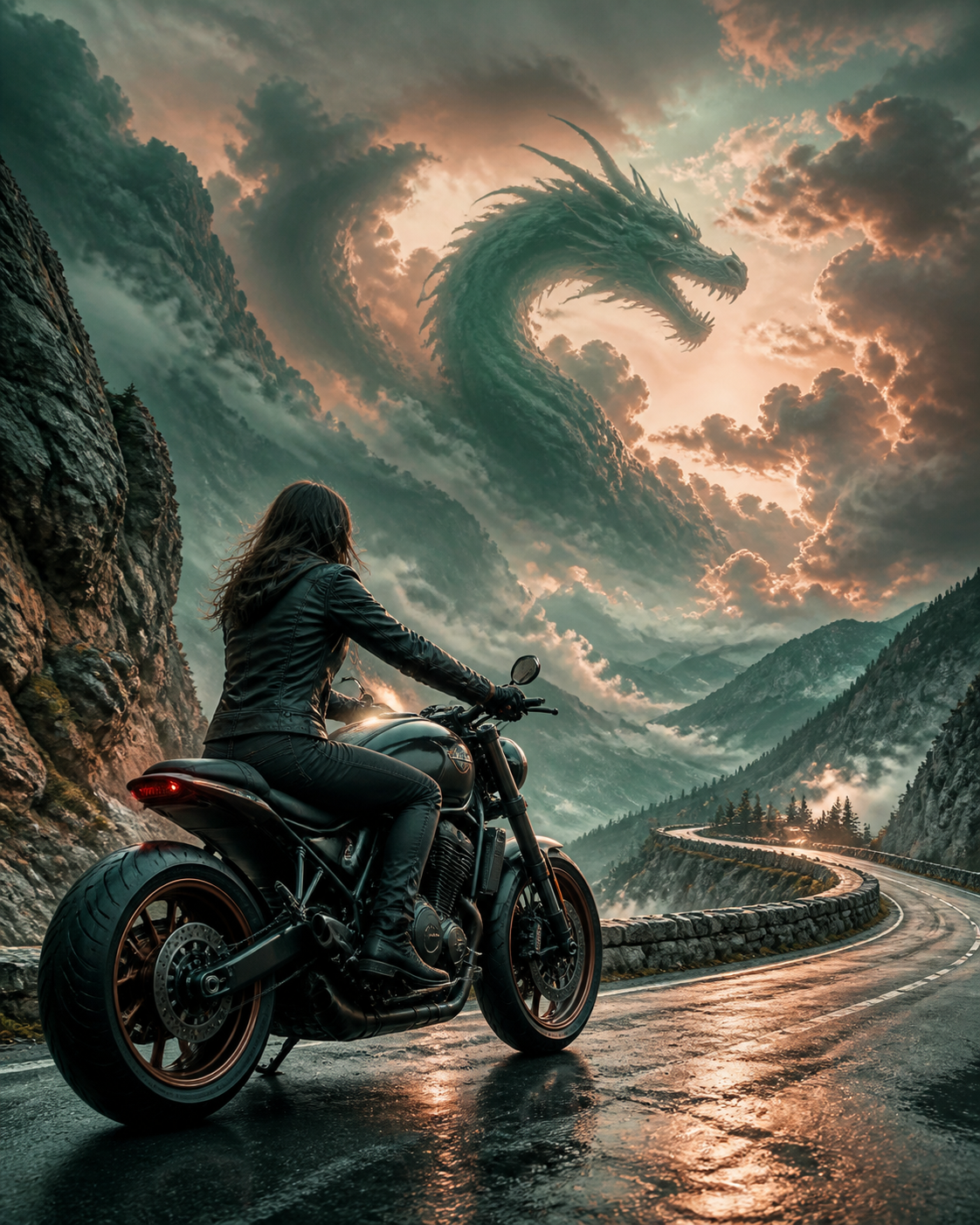 Diamond Painting Drakenmotor in de Mist – een merkloze motor op een bergweg met een originele draak als wolkensilhouet in de verte