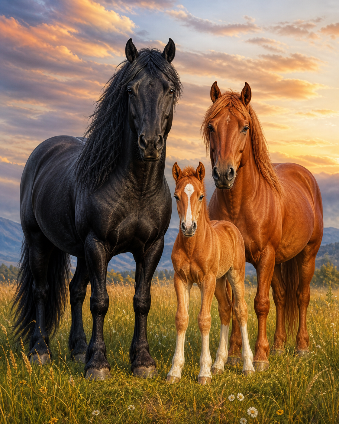 Diamond Painting Drie Paarden met Veulen – drie paarden als familie met een jong veulen