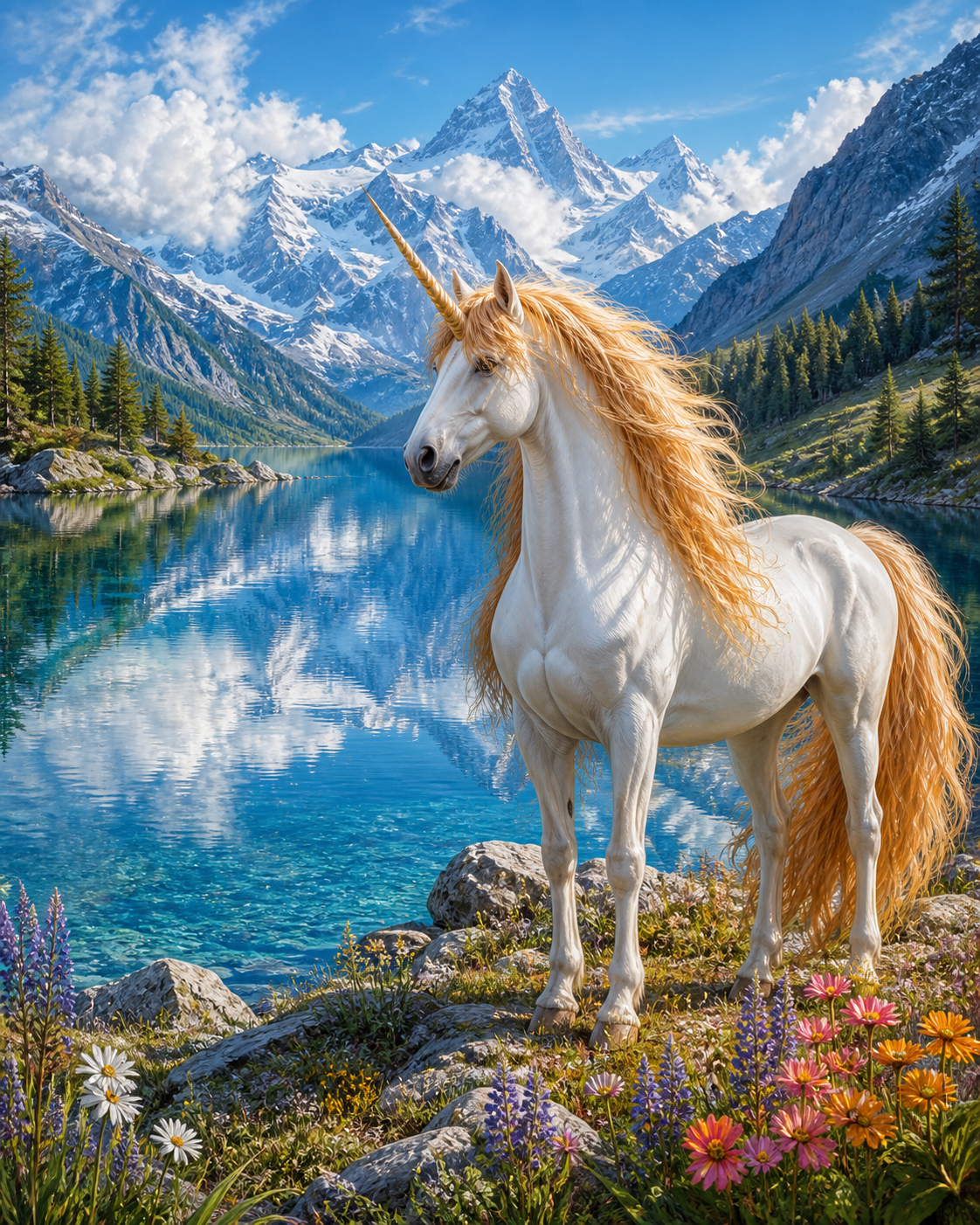 Diamond painting ontwerp met eenhoorn aan het alpenmeer