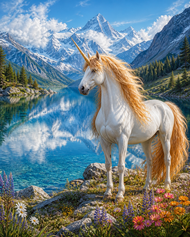 Diamond painting ontwerp met eenhoorn aan het alpenmeer