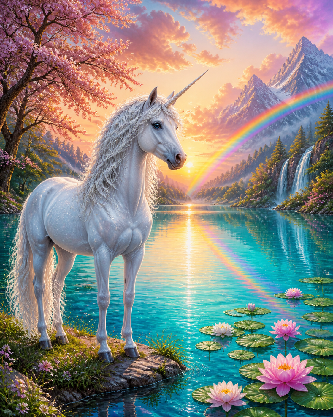 Diamond painting ontwerp met eenhoorn aan het magische meer